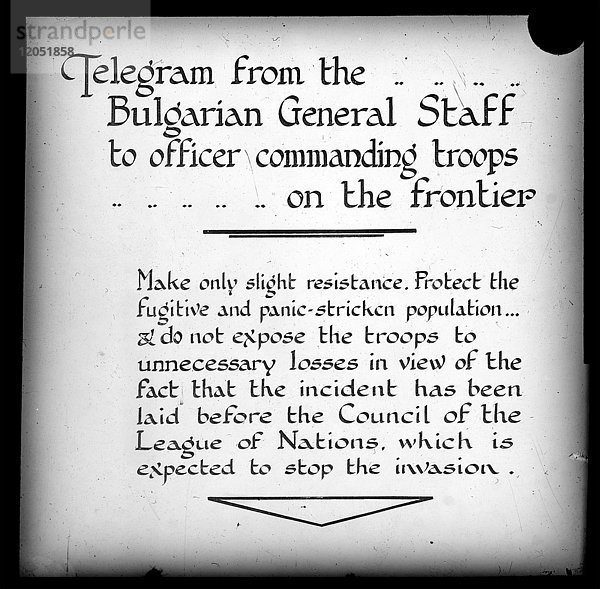 Bild eines Telegramms des bulgarischen Generalstabs an einen Offizier  der Truppen an der Grenze befehligt