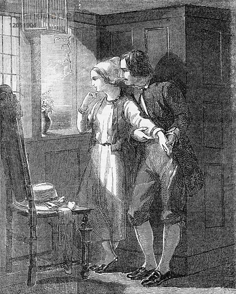 The Illustrated London News Radierung von 1854.rvangeline gemalt von John Absolon von der Ausstellung der neuen Gesellschaft der Maler in Aquarell.lady mit aufmerksamen Mann Blick durch Fenster