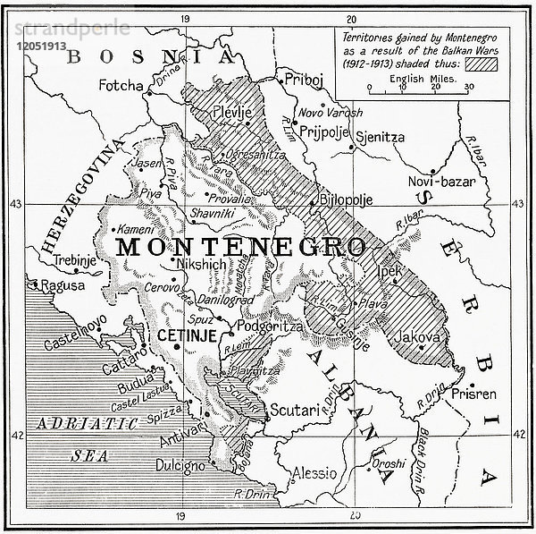 Karte von Montenegro bei Ausbruch des Ersten Weltkriegs. Aus Hutchinson's History of the Nations  veröffentlicht 1915.