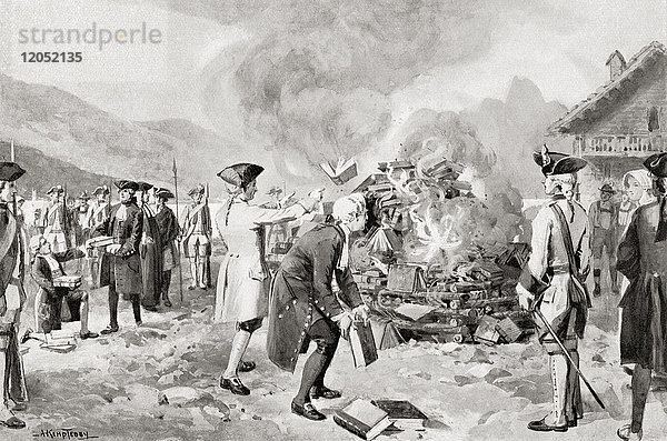Rousseaus Contrat Social wurde 1763 in Genf  Schweiz  öffentlich verbrannt. Jean-Jacques Rousseau  1712 - 1778. Frankophoner Genfer Philosoph  Schriftsteller und Komponist. Aus Hutchinson's History of the Nations  veröffentlicht 1915.