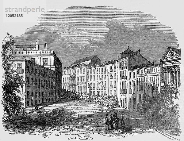 The Illustrated London News Radierung von 1854. Der Aufstand in Spanien  Barrikade auf dem Platz  San Geronimo  in der Nähe des Prado  Madrid