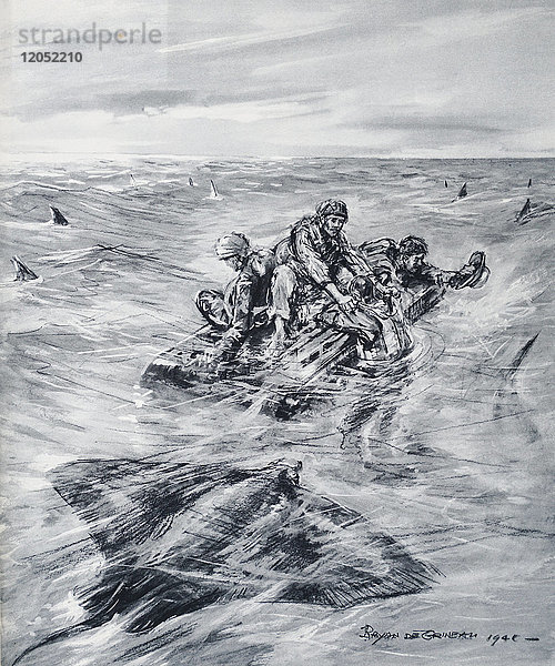 Die Illustrated London News 1941. Zweiter Weltkrieg. Die schrecklichen Erlebnisse dreier Überlebender  die mitten im Atlantik umgeben von Haien und Teufelsfischen treiben. Sie wurden in der 11. Stunde von einem spanischen Dampfer gerettet.