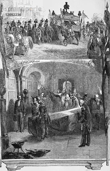 Radierung der Illustrated London News aus dem Jahr 1854. Beisetzung des Marschalls St. Arnaud in der Gruft der Marschälle von Frankreich unter der Invalidenkirche in Paris