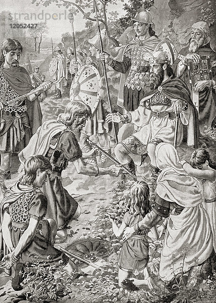 Die Niederlage von Guthrum durch Alfred den Großen nach der Schlacht von Edington im Jahr 878. Guthrum oder Guðrum  gestorben um 890. König der dänischen Wikinger. Alfred der Große  849 - 899. König von Wessex von 871 bis 899. Aus Hutchinson's History of the Nations  veröffentlicht 1915.