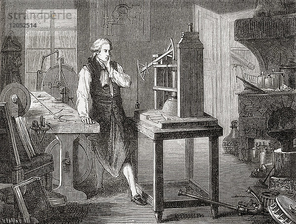James Watt in seiner Werkstatt in Glasgow  wo er 1781 die Newcomen-Dampfmaschine von Thomas Newcomen aus dem Jahr 1712 mit seiner Watt-Dampfmaschine verbesserte. James Watt  1736 -1819. Schottischer Erfinder  Maschinenbauingenieur und Chemiker. Aus Les Merveilles de la Science  veröffentlicht 1870.