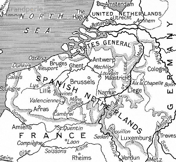 Karte der Spanischen Niederlande Nach dem Friedensvertrag von Utrecht im Jahr 1713 fielen die Spanischen Niederlande an den habsburgischen Anspruchsteller  Kaiser Karl VI. Aus Hutchinson's History of the Nations  veröffentlicht 1915