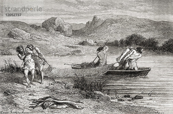 Fischer aus dem Neolithikum  auch bekannt als Jungsteinzeit oder Zeitalter des polierten Steins. Aus L'Homme Primitif  veröffentlicht 1870.