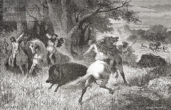 Die Jagd auf Wildschweine und andere Tiere in der Eisenzeit. Aus L'Homme Primitif  veröffentlicht 1870.