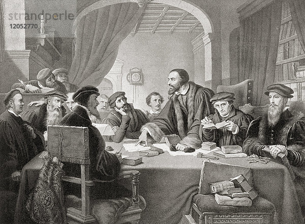 Calvin auf einem Konzil in Genf im Jahr 1594. Johannes Calvin  1509 - 1564. Einflussreicher französischer Theologe  Pfarrer und Reformator während der protestantischen Reformation. Aus Hutchinson's History of the Nations  veröffentlicht 1915.
