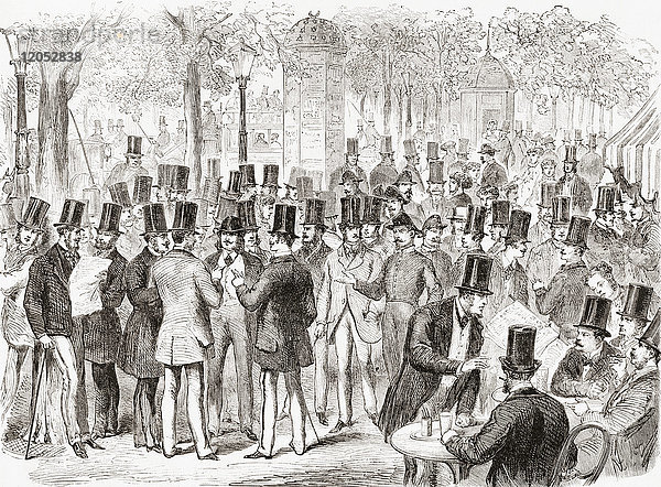Die Kleine Börse  Boulevard des Italiens  Paris  Frankreich im 19. Jahrhundert. Kleine Spekulanten versammeln sich  um zu handeln  während die Börse geschlossen ist. Aus L'Univers Illustre  veröffentlicht 1867.
