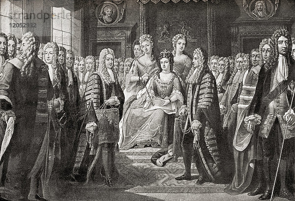 Die Artikel der Unionsakte zwischen England und Schottland  die am 1. Mai 1707 in Kraft traten und das einheitliche  vereinigte Königreich Großbritannien schufen  vorgelegt von den Kommissaren an Königin Anne  1706. Anne  1665 - 1714. Königin von England  Schottland und Irland. Aus Hutchinson's History of the Nations  veröffentlicht 1915.