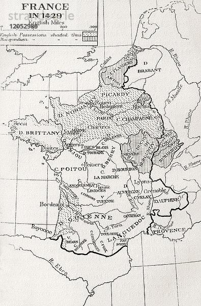 Karte von Frankreich im Jahr 1429. Aus France  Mediaeval and Modern A History  veröffentlicht 1918.