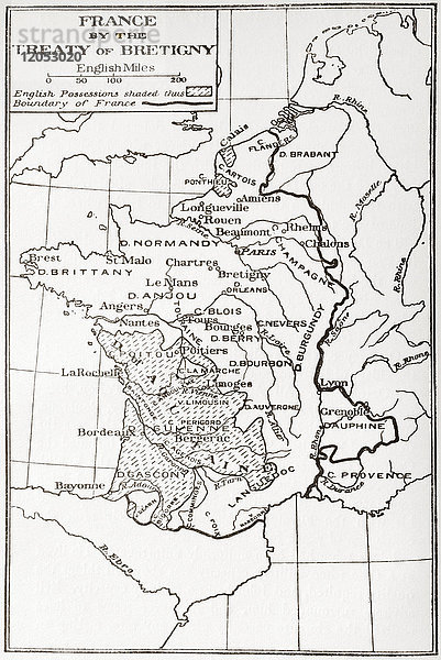 Karte von Frankreich nach dem Vertrag von Bretigny  1360. Aus France  Mediaeval and Modern A History  veröffentlicht 1918.