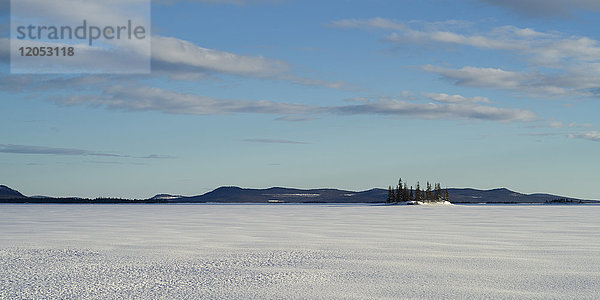 Schneebedecktes Feld mit einer kleinen Gruppe von Bäumen und Silhouette von Bergen in der Ferne; Arjeplog  Norrbotten County  Schweden