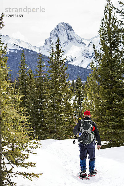 Männlicher Schneeschuhwanderer auf schneebedecktem Weg mit schneebedecktem Berg im Hintergrund; Alberta  Kanada