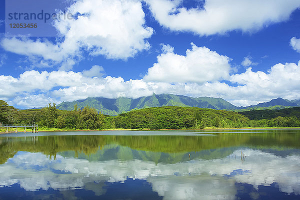 Spiegelbild von Wald und Bergen im ruhigen Wasser des Wailua-Stausees; Wailua  Kauai  Hawaii  Vereinigte Staaten von Amerika