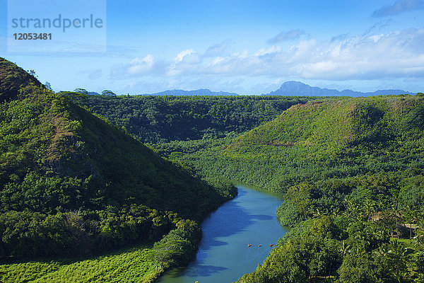 Landschaft mit dichtem  üppigem Laub und dem ruhigen  blauen Wasser des Wailua River; Wailua  Kauai  Hawaii  Vereinigte Staaten von Amerika