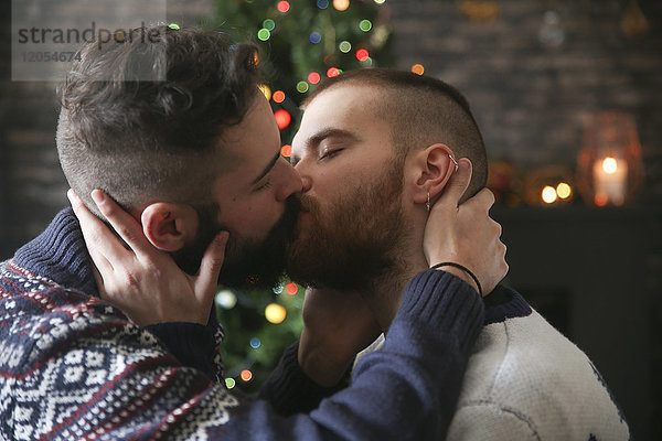 Schwules Paar zur Weihnachtszeit zu Hause küssen