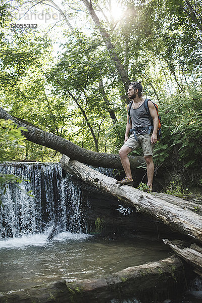 Junger Mann steht auf einem Baumstamm an einem Wasserfall im Wald