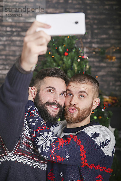 Porträt eines fröhlichen schwulen Paares  das zu Hause mit dem Smartphone unterwegs ist.