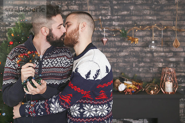 Kussendes schwules Paar mit Lichterkette zur Weihnachtszeit zu Hause