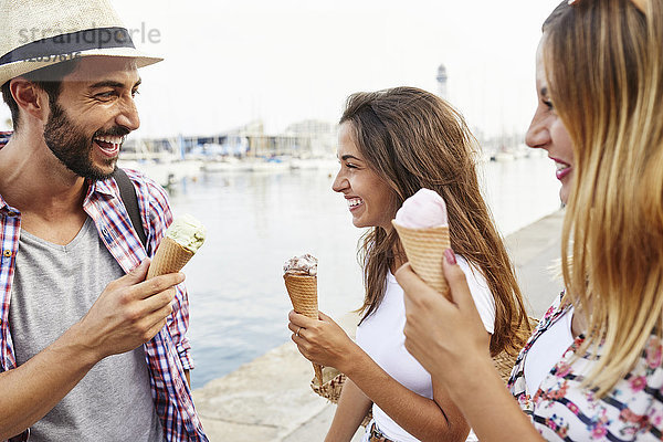 Drei glückliche Freunde halten Eistüten.