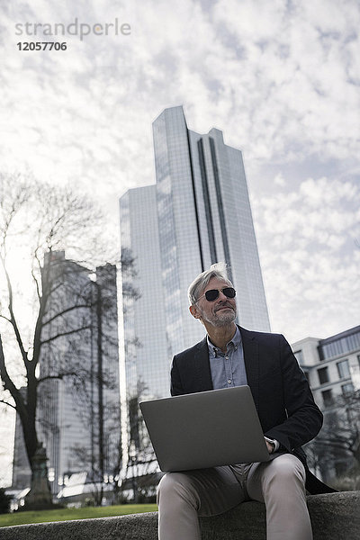 Grauhaariger Geschäftsmann mit Sonnenbrille arbeitet mit Laptop im Park