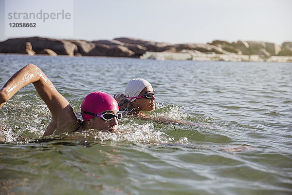 Entschlossene  fokussierte Schwimmerinnen  die im sonnigen Meer schwimmen.