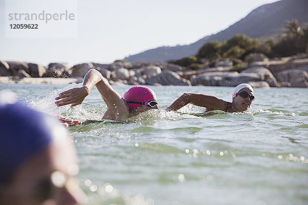 Weibliche Freischwimmerinnen schwimmen im sonnigen Meer