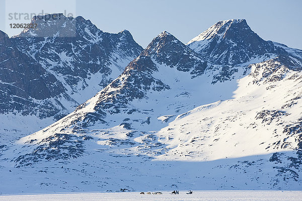 Winterlandschaft mit schneebedecktem Berg und einem Rudel Huskies  die in der Ferne einen Schlitten ziehen.