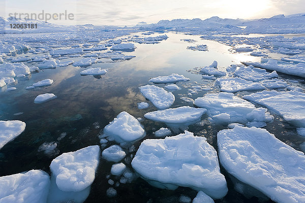Winterlandschaft mit auf der Meeresoberfläche schwimmenden Eisschilden.