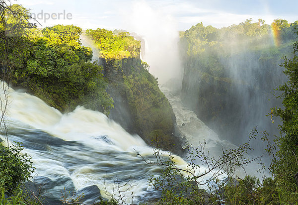 Hochwinkelansicht eines Wasserfalls  der über bewachsene Felsen hinunterstürzt  einzelner Regenbogen.