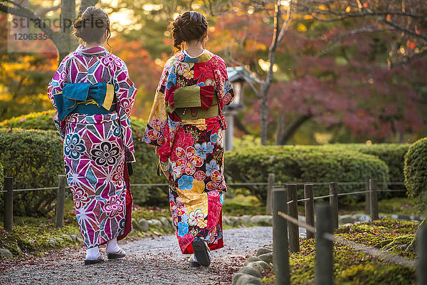 Rückansicht von zwei Frauen in farbenfrohen traditionellen japanischen Kimonos  die einen Pfad in einem Park entlanglaufen.