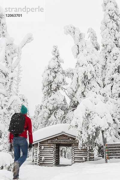 Rückansicht eines Mannes  der auf eine Blockhütte im Wald mit schneebedeckten Bäumen zugeht.