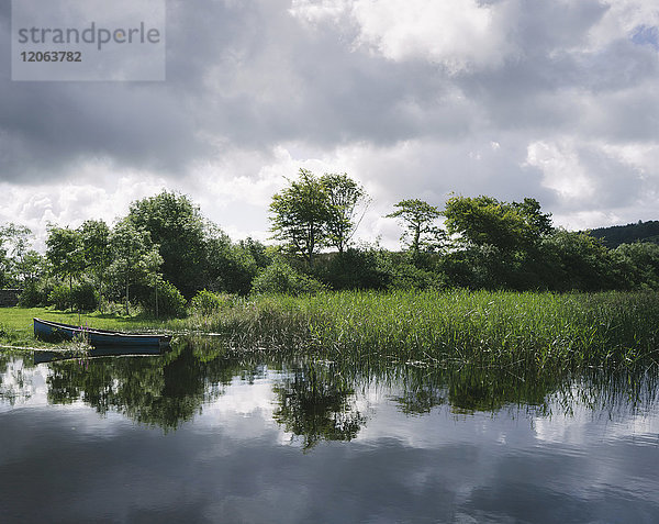 Blaues Holzruderboot am Ufer des Glenade Lake  Glenade  Grafschaft Leitrim  Irland.