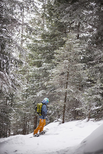 Teenager-Mädchen mit Snowboard im verschneiten Wald
