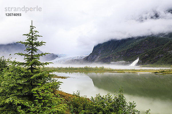 Waldnebel und Reflexionen  Mendenhall Gletscher und See und Nugget Falls Cascade  Tongass National Forest  Juneau  Alaska  Vereinigte Staaten von Amerika  Nordamerika