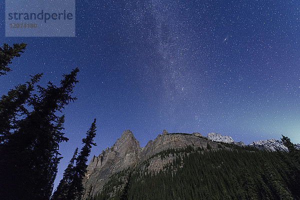 Die Milchstraße geht über den kanadischen Rockies im Yoho-Nationalpark auf  mit Mondlicht auf dem Berg und Aurora am Horizont  UNESCO-Welterbe  kanadische Rockies  Alberta  Kanada  Nordamerika
