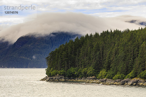 Nebel  felsige Küste und Wald  Inian Islands  Icy Strait  zwischen Chichagof Island und Glacier Bay National Park  Alaska  Vereinigte Staaten von Amerika  Nordamerika