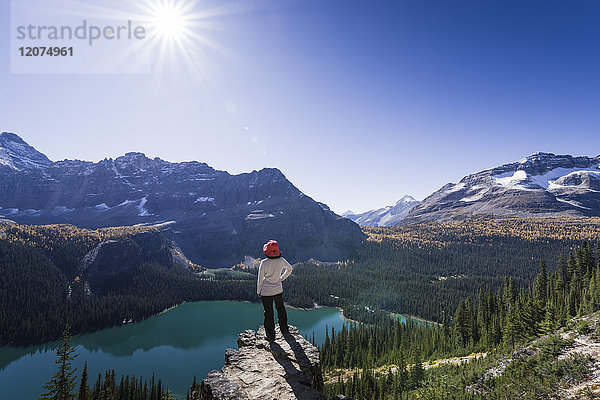 Wanderer mit Blick auf die alpinen Berge und den Lake O'Hara vom Alpine Circuit Trail  Yoho National Park  UNESCO-Weltkulturerbe  Kanadische Rockies  British Columbia  Kanada  Nordamerika