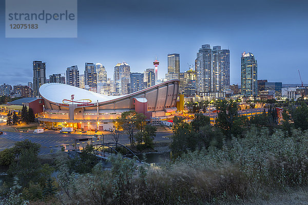 Blick auf den Saddledome und die Skyline der Innenstadt vom Scottsman Hill in der Abenddämmerung  Calgary  Alberta  Kanada  Nordamerika