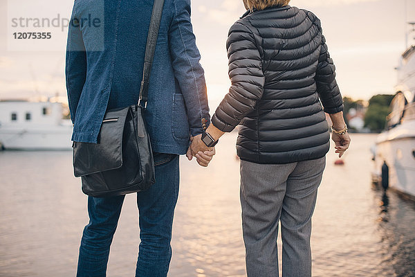 Midsection of senior couple holding hands while standing at harbor