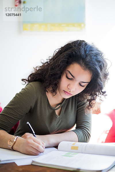 Teenager-Mädchen studiert am Tisch beim Schreiben im Buch