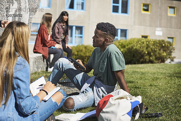 Junge Freunde studieren  während Freunde der Universität auf dem Campus reden.