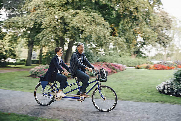 Volle Länge des Seniorenpaares beim Tandemfahren im Park