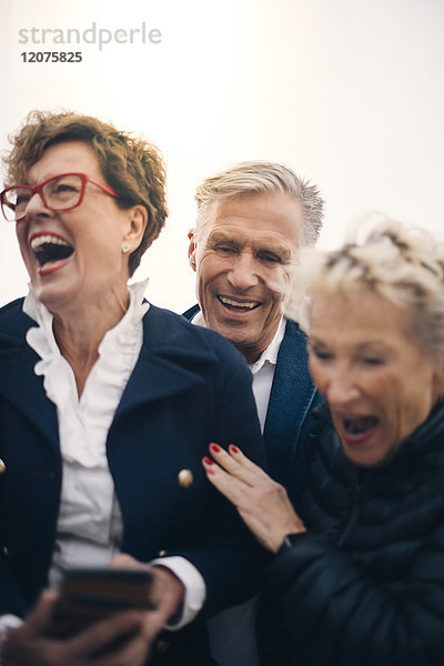 Fröhliche Seniorenfreunde  die gegen den klaren Himmel lachen.