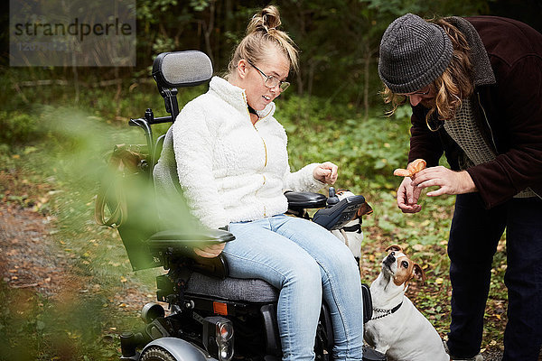 Behinderte Frau im Rollstuhl mit Blick auf Hausmeisterin mit Pilz im Wald