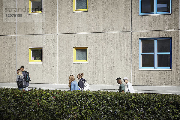 Universitätsstudenten  die an einem sonnigen Tag auf dem Campus spazieren gehen