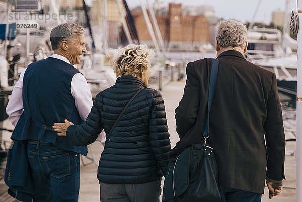 Rückansicht von älteren Freunden in warmer Kleidung  die auf dem Pier spazieren gehen.