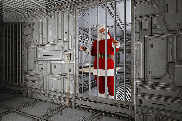 Der Weihnachtsmann steht in einer futuristischen Gefängniszelle